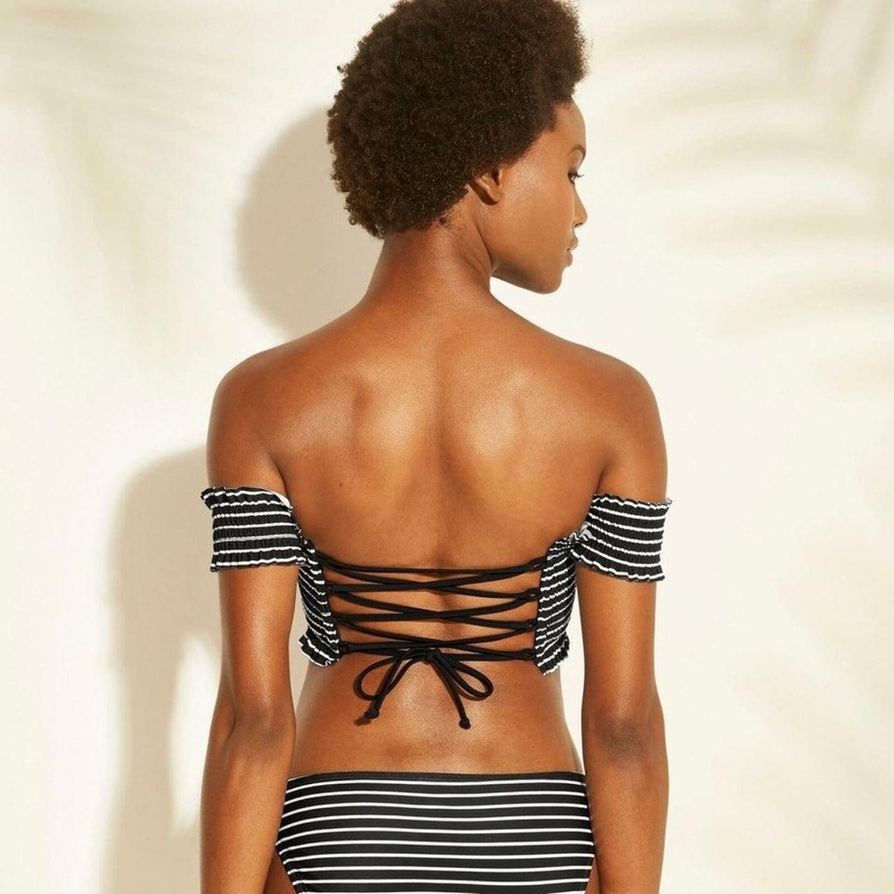 Black and White Striped Off-Shoulder Bikini